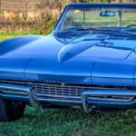 Classic blue convertible car parked in grassy field, showing low profile, chrome details, and distinctive curved front end.