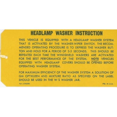 69-70 HEADLIGHT WASHER INSTRUCTION HANG TAG