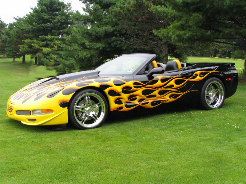 Customized Corvette with flames paint job