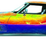 An illustration of a psychedelic Vette from 1971 C3 Stingray. The Corvette is painted with watercolors.