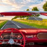 View from red vintage convertible driving down country road, trees and fields under blue sky with scattered clouds.